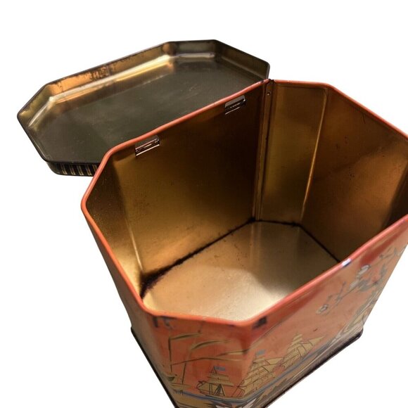 1960s Chinoiserie Tin - Ships with Blossoms Orange / Blue Octagonal Hinged Lid - Picture 8 of 8